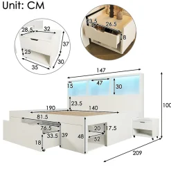 Lit simple 140x200cm - LED - USB-C - rangements - table de chevet mobile - blanc (matelas non inclus)><noscript><img width=