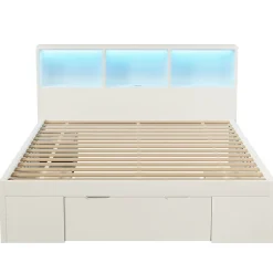 Lit simple 140x200cm - LED - USB-C - rangements - table de chevet mobile - blanc (matelas non inclus)><noscript><img width=