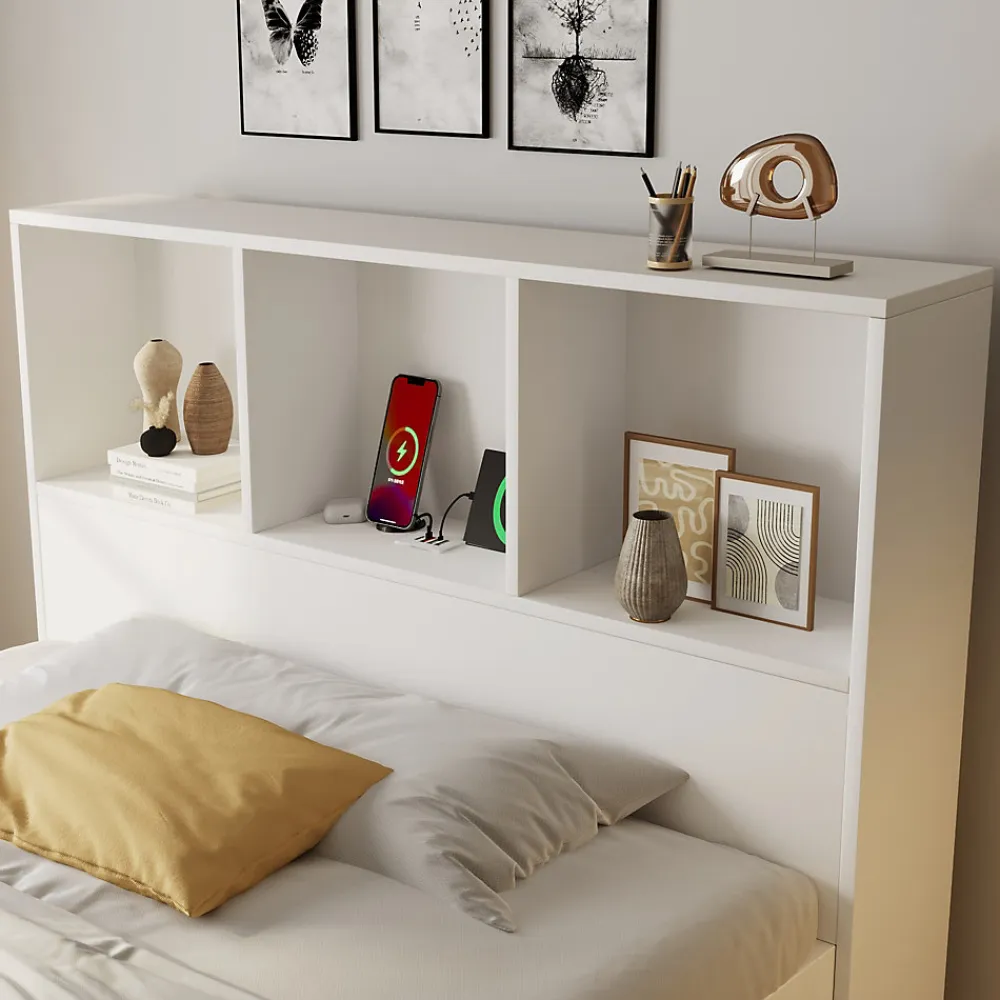 Lit simple 90x200cm - LED - USB-C - rangements - table de chevet mobile - blanc (matelas non inclus)>ModernLuxe Outlet