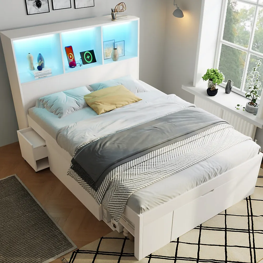Lit simple 90x200cm - LED - USB-C - rangements - table de chevet mobile - blanc (matelas non inclus)>ModernLuxe Outlet