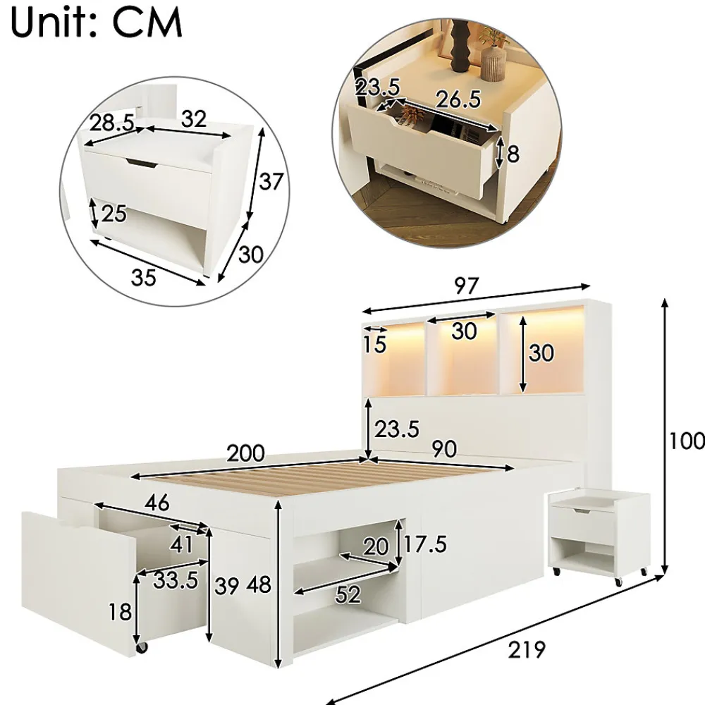 Lit simple 90x200cm - LED - USB-C - rangements - table de chevet mobile - blanc (matelas non inclus)>ModernLuxe Outlet