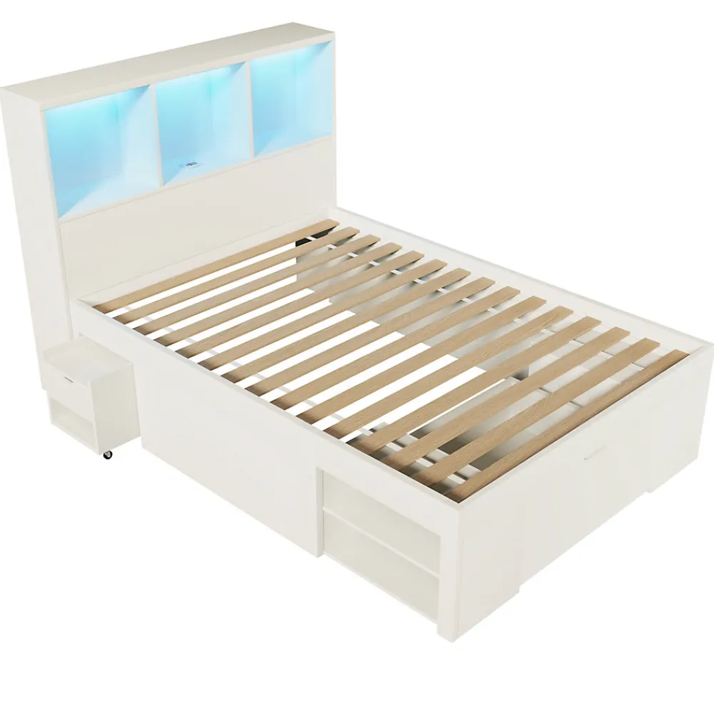Lit simple 90x200cm - LED - USB-C - rangements - table de chevet mobile - blanc (matelas non inclus)>ModernLuxe Outlet