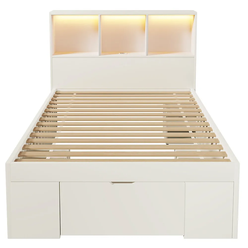 Lit simple 90x200cm - LED - USB-C - rangements - table de chevet mobile - blanc (matelas non inclus)>ModernLuxe Outlet