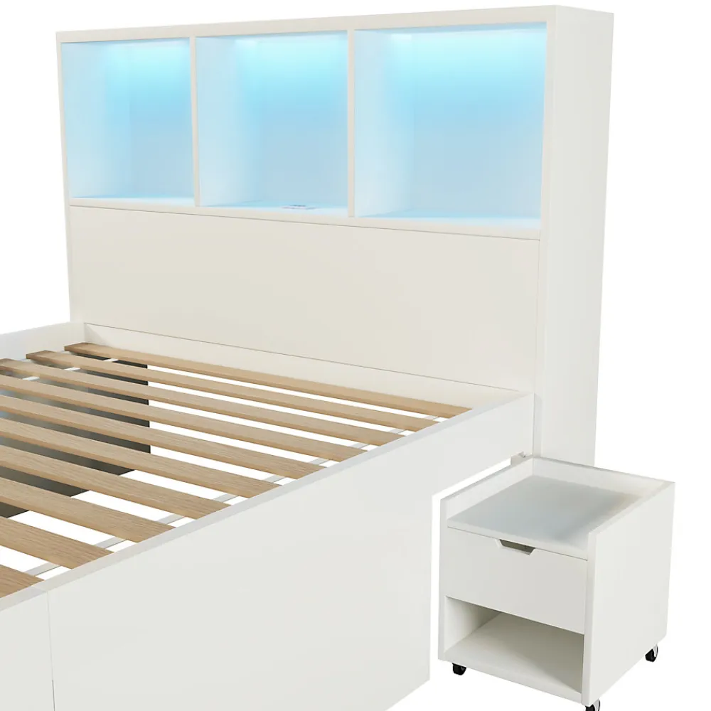 Lit simple 90x200cm - LED - USB-C - rangements - table de chevet mobile - blanc (matelas non inclus)>ModernLuxe Outlet