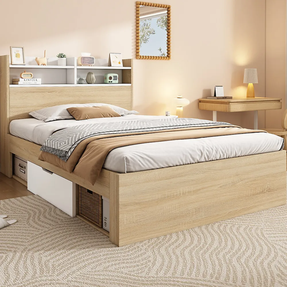Lit simple 90x200cm avec 2 tiroirs - tête de lit avec étagère - panneaux de particules+bois massif - Naturel(matelas non inclus)>ModernLuxe Sale