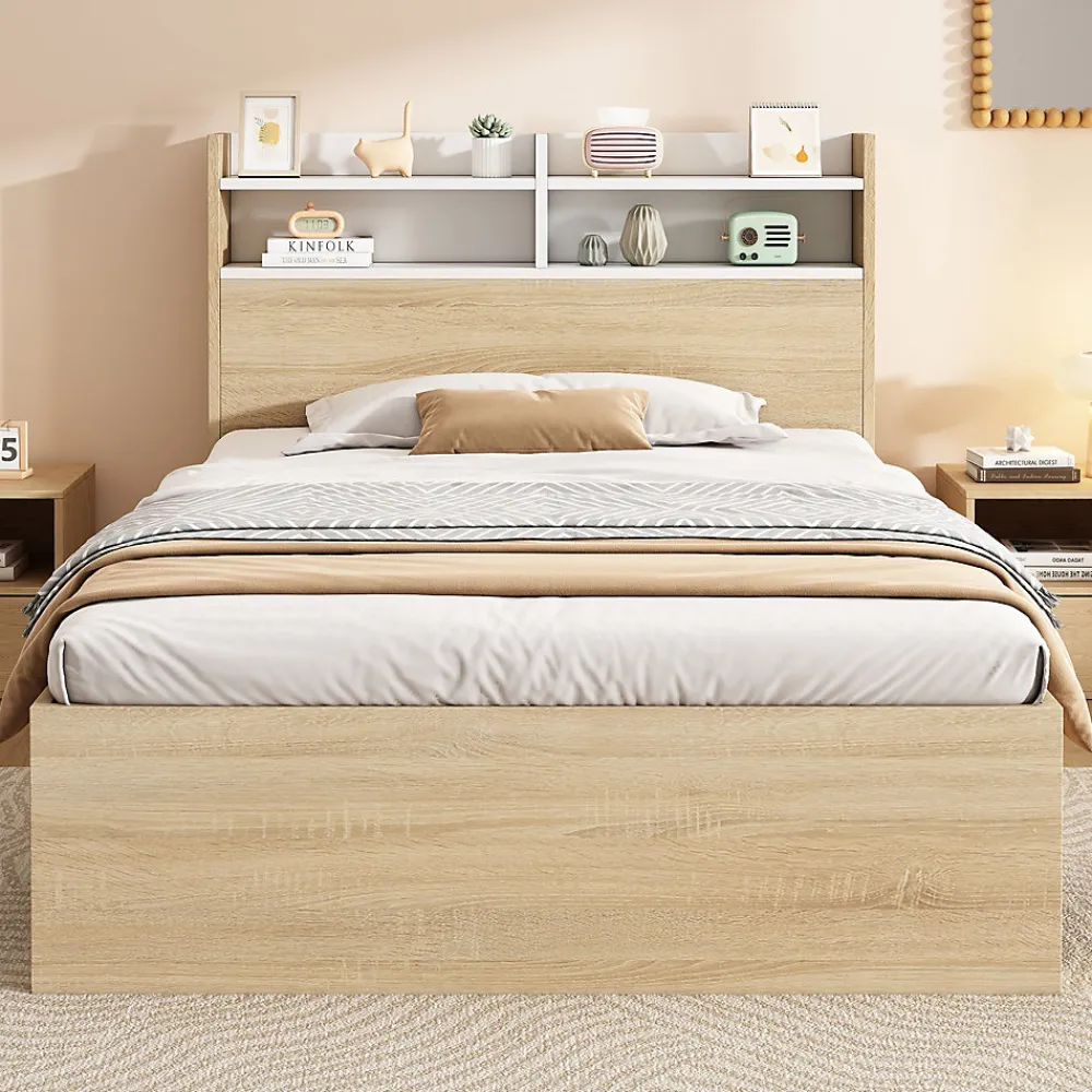 Lit simple 90x200cm avec 2 tiroirs - tête de lit avec étagère - panneaux de particules+bois massif - Naturel(matelas non inclus)>ModernLuxe Sale