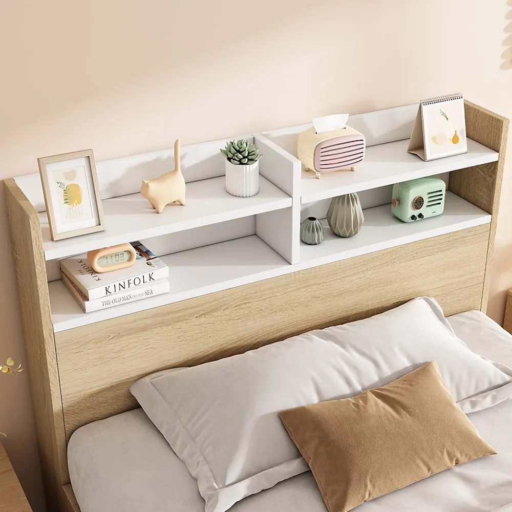 Lit simple 90x190cm avec 2 tiroirs - tête de lit avec étagère - panneaux de particules+bois massif - Naturel(matelas non inclus)>ModernLuxe Online