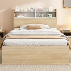 Lit simple 90x190cm avec 2 tiroirs - tête de lit avec étagère - panneaux de particules+bois massif - Naturel(matelas non inclus)><noscript><img width=