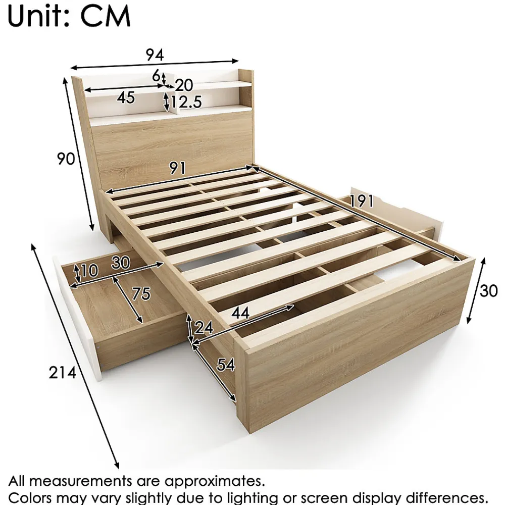 Lit simple 90x190cm avec 2 tiroirs - tête de lit avec étagère - panneaux de particules+bois massif - Naturel(matelas non inclus)>ModernLuxe Online