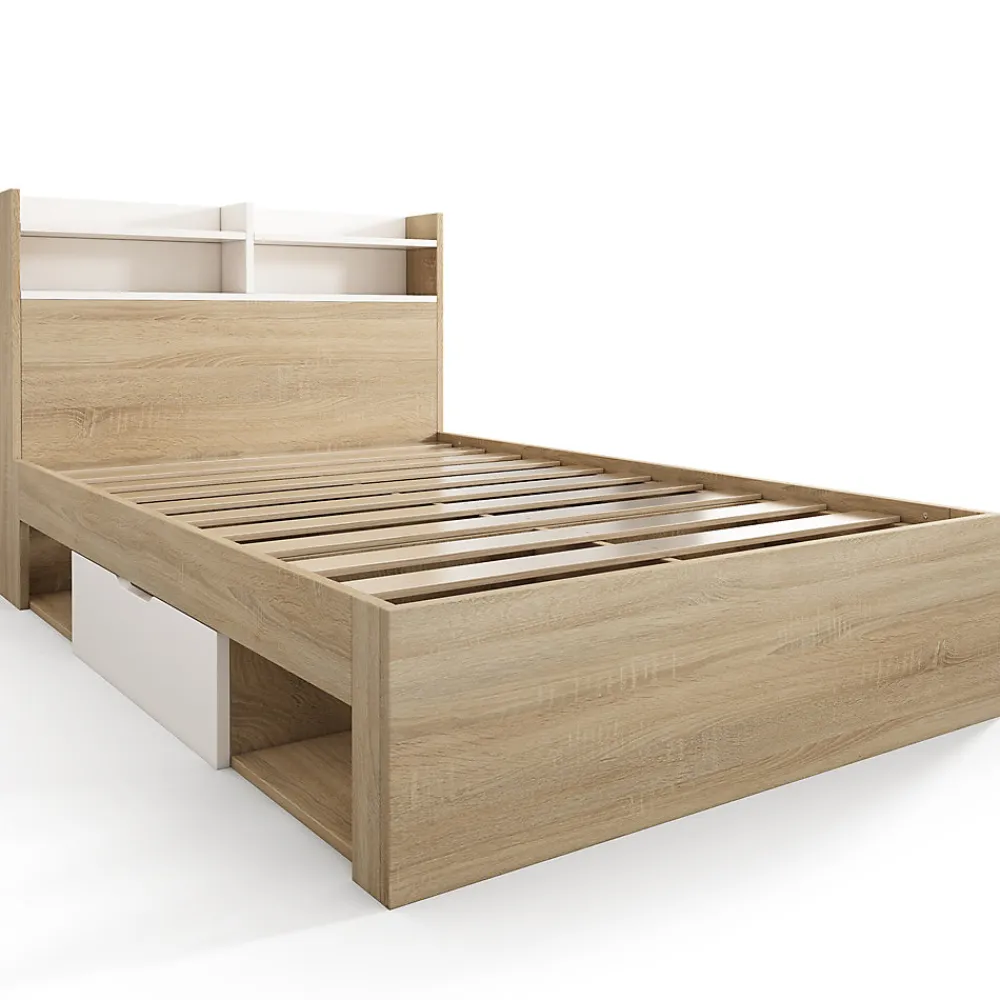 Lit simple 90x190cm avec 2 tiroirs - tête de lit avec étagère - panneaux de particules+bois massif - Naturel(matelas non inclus)>ModernLuxe Online
