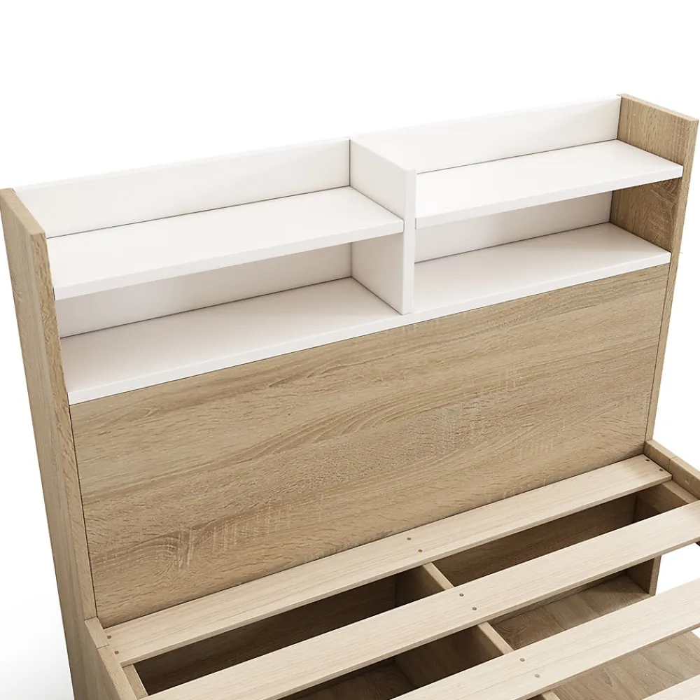 Lit simple 90x190cm avec 2 tiroirs - tête de lit avec étagère - panneaux de particules+bois massif - Naturel(matelas non inclus)>ModernLuxe Online