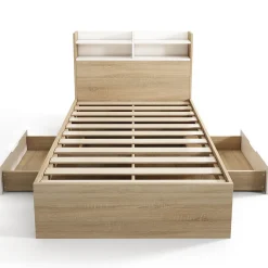 Lit simple 90x190cm avec 2 tiroirs - tête de lit avec étagère - panneaux de particules+bois massif - Naturel(matelas non inclus)><noscript><img width=