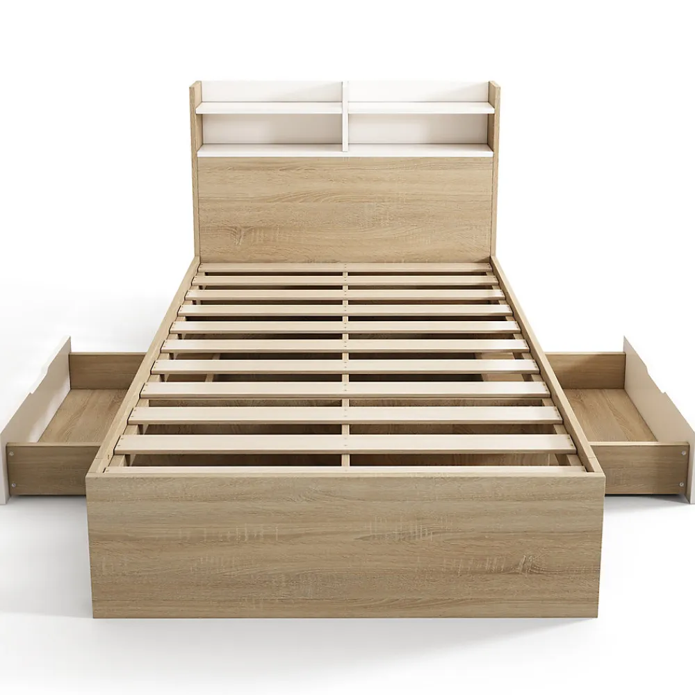 Lit simple 90x190cm avec 2 tiroirs - tête de lit avec étagère - panneaux de particules+bois massif - Naturel(matelas non inclus)>ModernLuxe Online