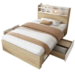Lit simple 90x190cm avec 2 tiroirs - tête de lit avec étagère - panneaux de particules+bois massif - Naturel(matelas non inclus)><noscript><img width=