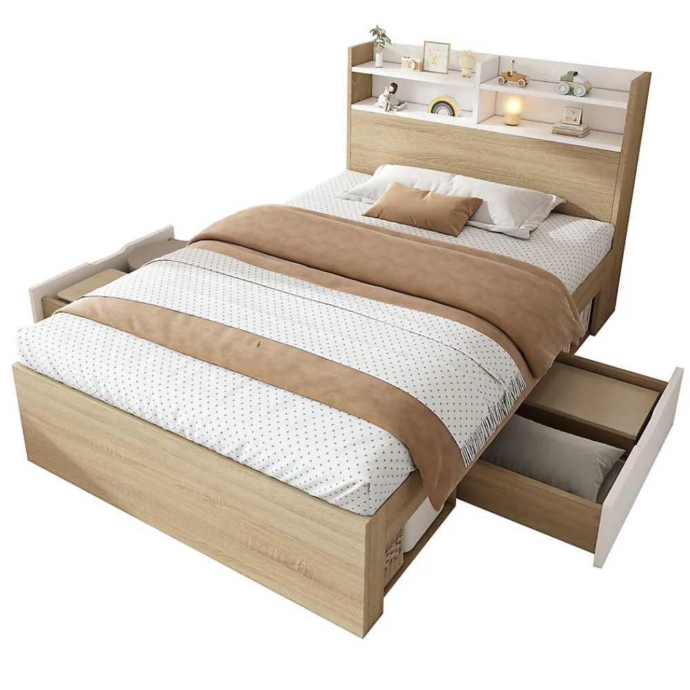 Lit simple 90x190cm avec 2 tiroirs - tête de lit avec étagère - panneaux de particules+bois massif - Naturel(matelas non inclus)>ModernLuxe Online