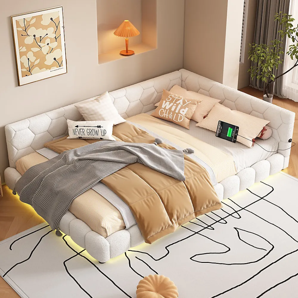 Lit Simple 140x200cm, Canapé-Lit avec Éclairage Ambiant, USB, Typ-C, Blanc>Fortuna lai Outlet