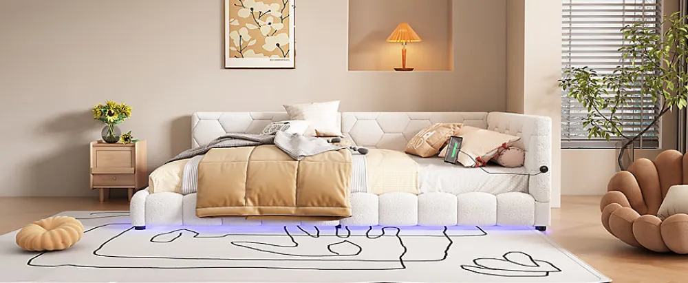 Lit Simple 140x200cm, Canapé-Lit avec Éclairage Ambiant, USB, Typ-C, Blanc>Fortuna lai Outlet