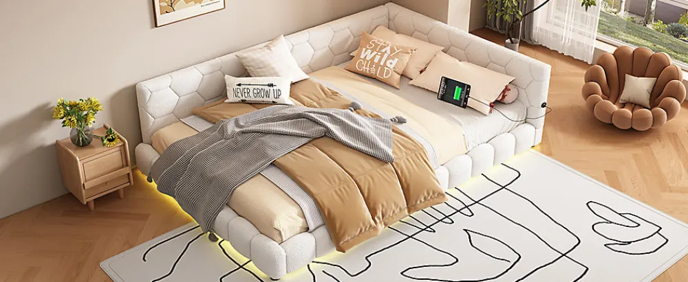 Lit Simple 140x200cm, Canapé-Lit avec Éclairage Ambiant, USB, Typ-C, Blanc>Fortuna lai Outlet