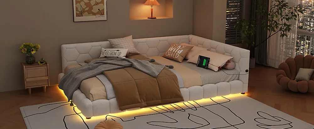 Lit Simple 140x200cm, Canapé-Lit avec Éclairage Ambiant, USB, Typ-C, Blanc>Fortuna lai Outlet