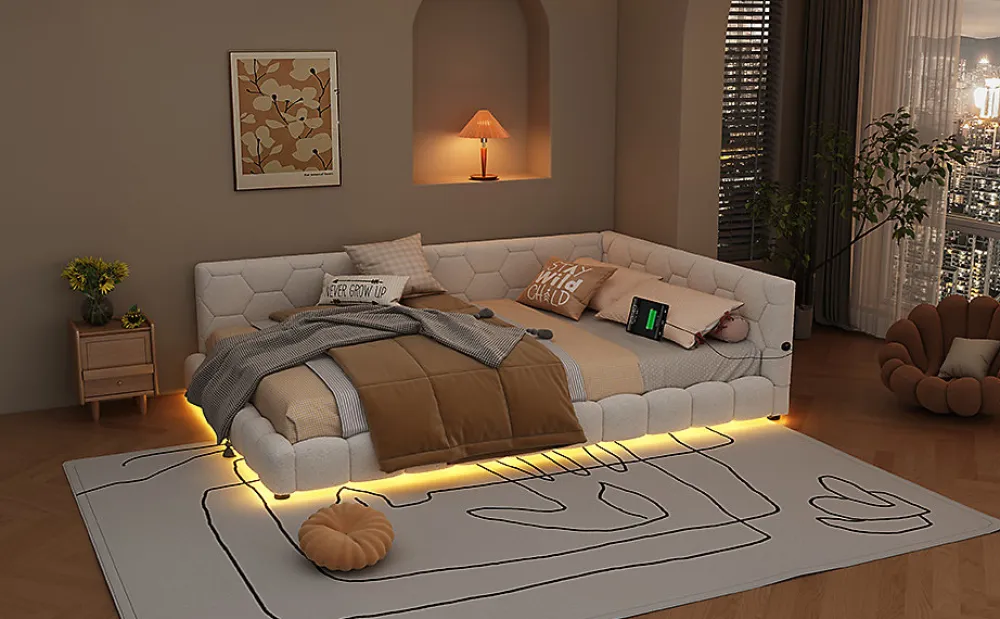 Lit Simple 140x200cm, Canapé-Lit avec Éclairage Ambiant, USB, Typ-C, Blanc>Fortuna lai Outlet