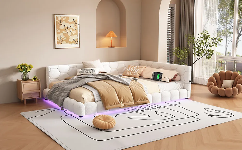 Lit Simple 140x200cm, Canapé-Lit avec Éclairage Ambiant, USB, Typ-C, Blanc>Fortuna lai Outlet