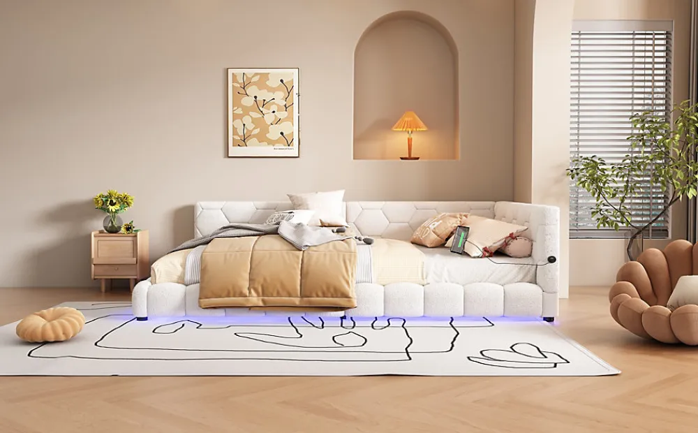 Lit Simple 140x200cm, Canapé-Lit avec Éclairage Ambiant, USB, Typ-C, Blanc>Fortuna lai Outlet