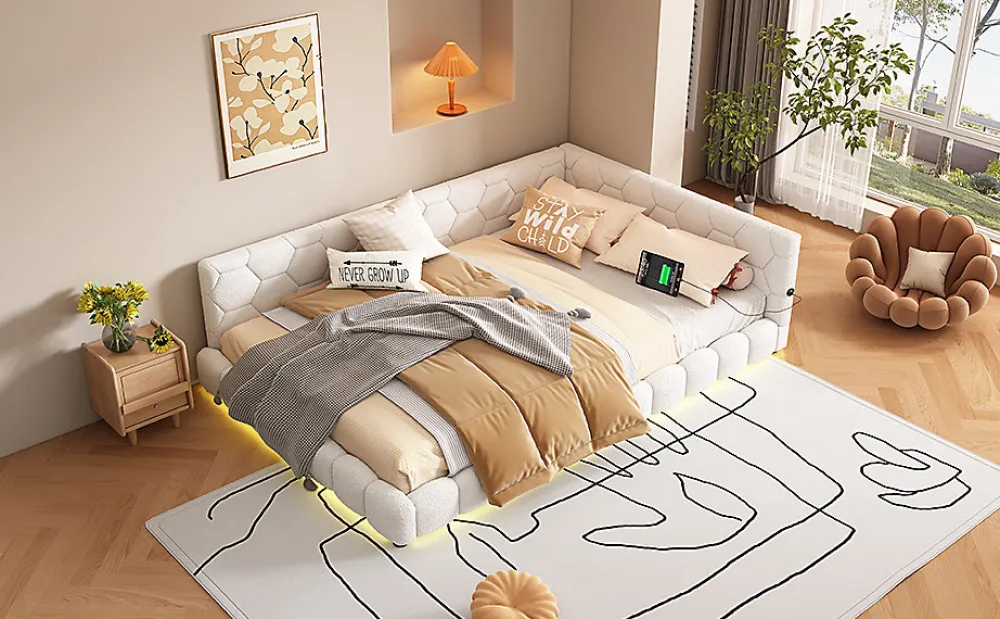 Lit Simple 140x200cm, Canapé-Lit avec Éclairage Ambiant, USB, Typ-C, Blanc>Fortuna lai Outlet