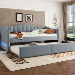 Lit Simple 90x200cm, Canapé-Lit avec Tiroirs et Éclairage Ambiant, Beige>Fortuna lai Hot