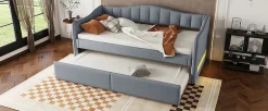 Lit Simple 90x200cm, Canapé-Lit avec Tiroirs et Éclairage Ambiant, Beige><noscript><img width=