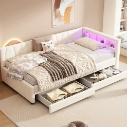 Lit Simple 90x200cm, Canapé-Lit avec Tiroirs, USB, Éclairage Ambiant, Beige>Fortuna lai Clearance