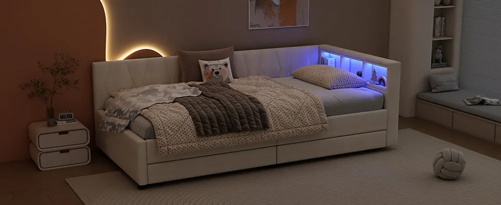 Lit Simple 90x200cm, Canapé-Lit avec Tiroirs, USB, Éclairage Ambiant, Beige>Fortuna lai Clearance