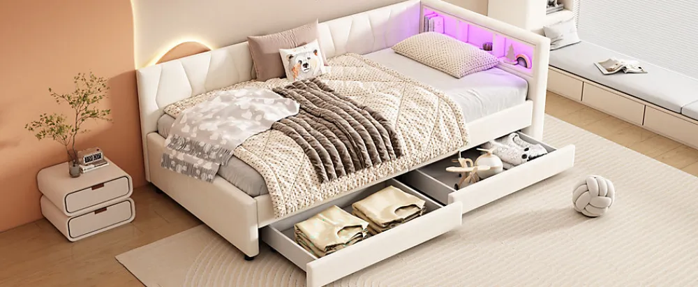 Lit Simple 90x200cm, Canapé-Lit avec Tiroirs, USB, Éclairage Ambiant, Beige>Fortuna lai Clearance