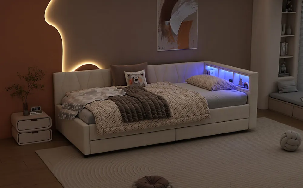 Lit Simple 90x200cm, Canapé-Lit avec Tiroirs, USB, Éclairage Ambiant, Beige>Fortuna lai Clearance