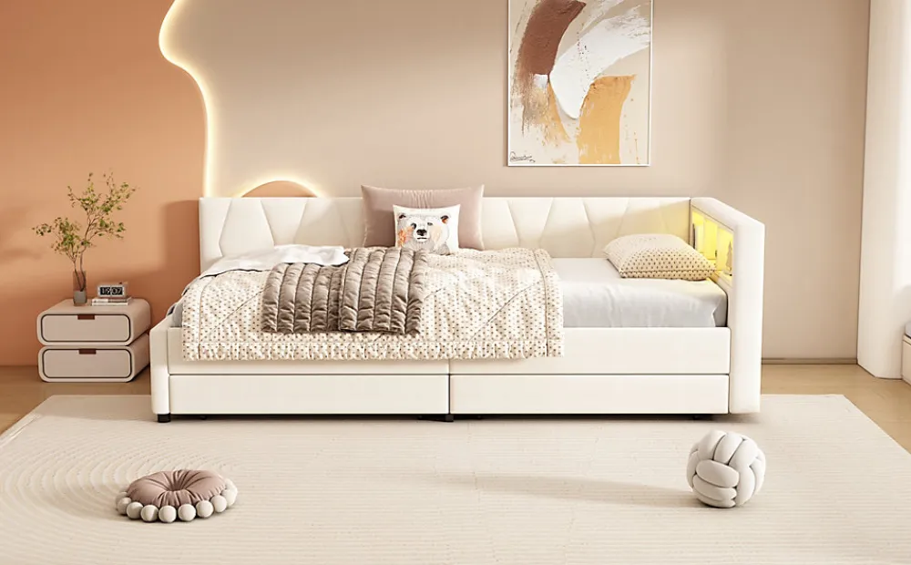 Lit Simple 90x200cm, Canapé-Lit avec Tiroirs, USB, Éclairage Ambiant, Beige>Fortuna lai Clearance