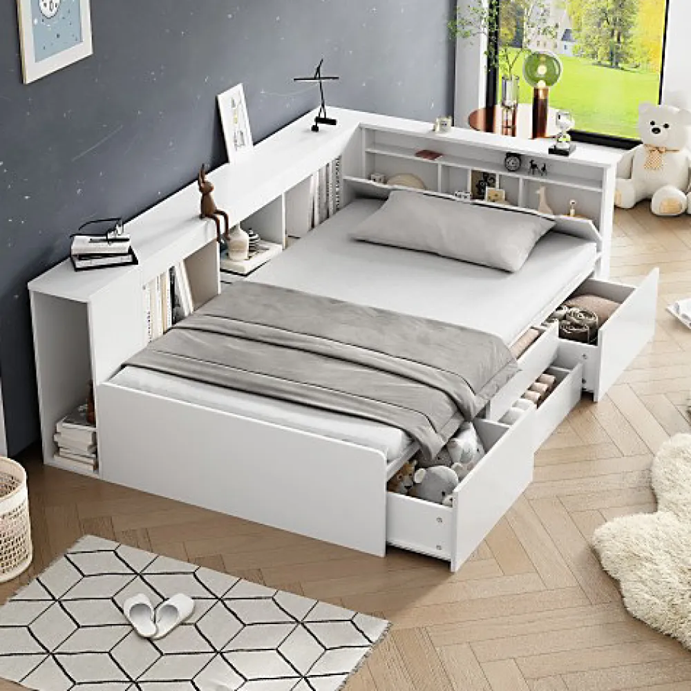 ModernLuxe Lit simple 90x200cm en bois massif - avec rangements multifonctions - Blanc* Lit Avec Rangement