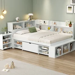Lit simple 140x190cm en MDF - Avec tiroirs et étagères - Bibliothèque amovible - Avec sommier à lattes - Blanc(sans matelas)><noscript><img width=