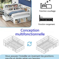 Lit simple 140x190cm en MDF - Avec tiroirs et étagères - Bibliothèque amovible - Avec sommier à lattes - Blanc(sans matelas)><noscript><img width=