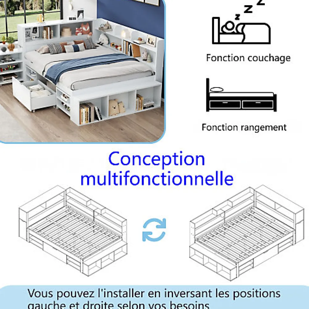 Lit simple 140x190cm en MDF - Avec tiroirs et étagères - Bibliothèque amovible - Avec sommier à lattes - Blanc(sans matelas)>ModernLuxe Online