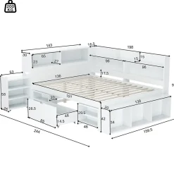 Lit simple 140x190cm en MDF - Avec tiroirs et étagères - Bibliothèque amovible - Avec sommier à lattes - Blanc(sans matelas)><noscript><img width=