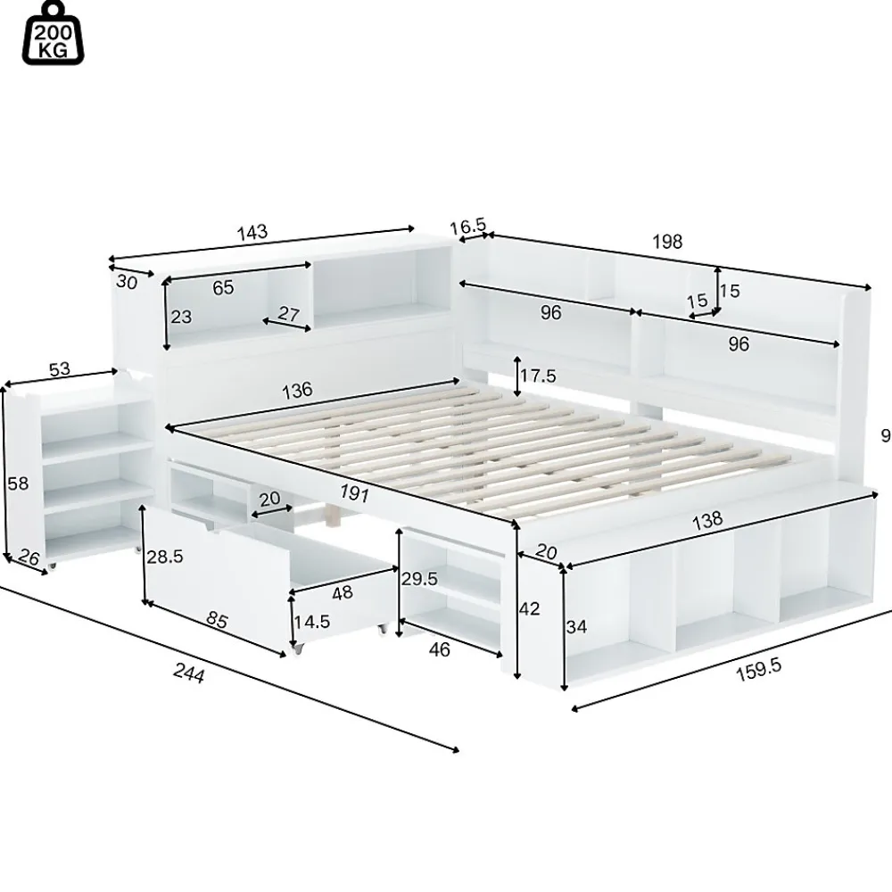 Lit simple 140x190cm en MDF - Avec tiroirs et étagères - Bibliothèque amovible - Avec sommier à lattes - Blanc(sans matelas)>ModernLuxe Online