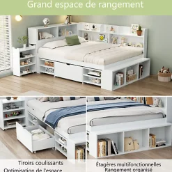 Lit simple 140x190cm en MDF - Avec tiroirs et étagères - Bibliothèque amovible - Avec sommier à lattes - Blanc(sans matelas)><noscript><img width=
