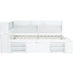 Lit simple 140x190cm en MDF - Avec tiroirs et étagères - Bibliothèque amovible - Avec sommier à lattes - Blanc(sans matelas)><noscript><img width=