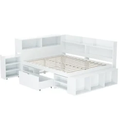 Lit simple 140x190cm en MDF - Avec tiroirs et étagères - Bibliothèque amovible - Avec sommier à lattes - Blanc(sans matelas)><noscript><img width=