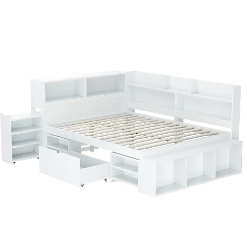 Lit simple 140x190cm en MDF - Avec tiroirs et étagères - Bibliothèque amovible - Avec sommier à lattes - Blanc(sans matelas)>ModernLuxe Online