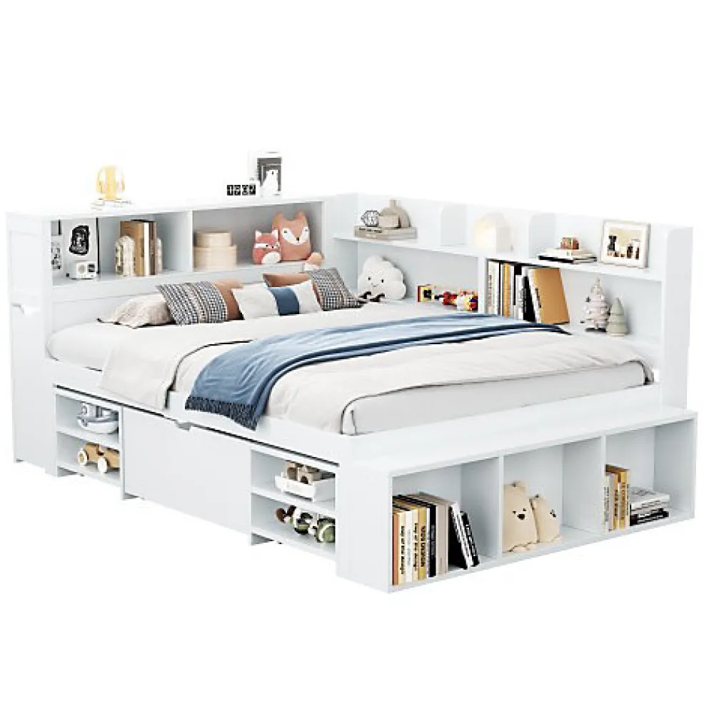 Lit simple 140x190cm en MDF - Avec tiroirs et étagères - Bibliothèque amovible - Avec sommier à lattes - Blanc(sans matelas)>ModernLuxe Online