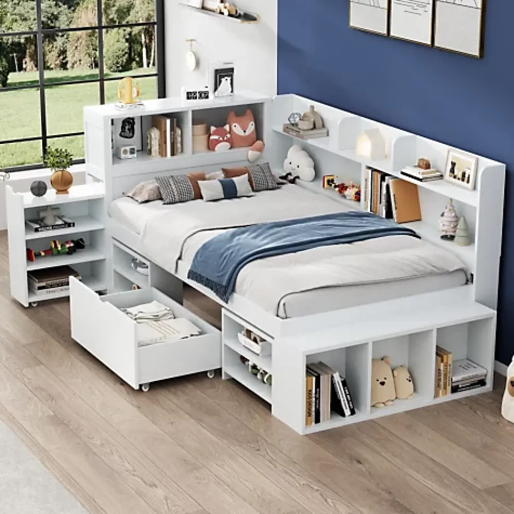 ModernLuxe Lit simple 90x200cm en MDF - Avec tiroirs et étagères - Bibliothèque amovible - Avec sommier à lattes - Blanc(sans matelas)* Lit Avec Rangement