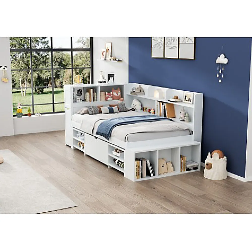 ModernLuxe Lit simple 90x200cm en MDF - Avec tiroirs et étagères - Bibliothèque amovible - Avec sommier à lattes - Blanc(sans matelas)* Lit Avec Rangement