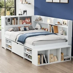 ModernLuxe Lit simple 90x200cm en MDF - Avec tiroirs et étagères - Bibliothèque amovible - Avec sommier à lattes - Blanc(sans matelas)* Lit Avec Rangement