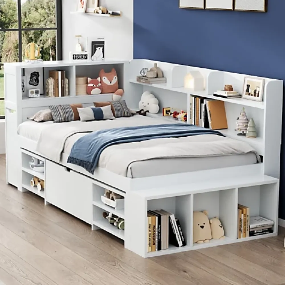 ModernLuxe Lit simple 90x200cm en MDF - Avec tiroirs et étagères - Bibliothèque amovible - Avec sommier à lattes - Blanc(sans matelas)* Lit Avec Rangement