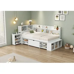 ModernLuxe Lit simple 90x200cm en MDF - Avec tiroirs et étagères - Bibliothèque amovible - Avec sommier à lattes - Blanc(sans matelas)* Lit Avec Rangement